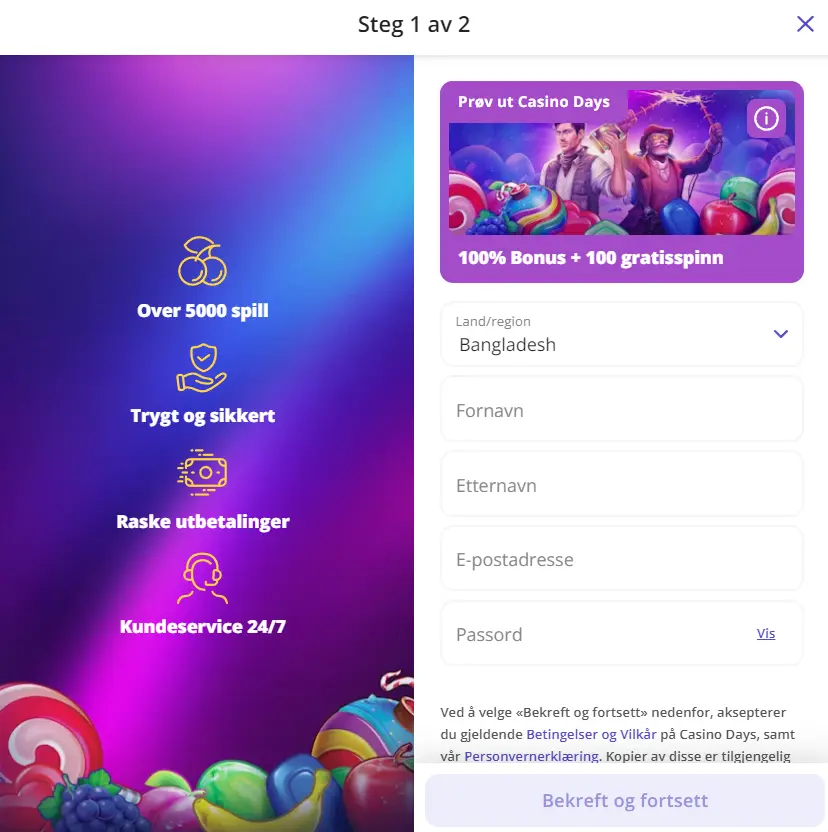 Registrering på Casino Days